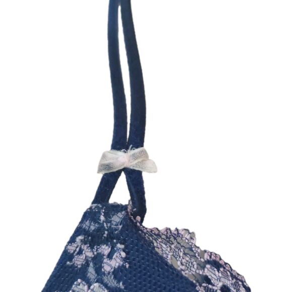 Victoria Secret Demi Padded Bra 34B ID# 36007072 Navy Pink Lace Bows Push Up - Picture 7 of 11